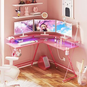 Greenstell Gaming Desk 50.4”with LED Strip&Power Outlets,L-Shaped Computer Corner Desk Carbon Fiber Surface with Monitor Stand,Ergonomic Gamer Table with Cup Holder,Headphone Hook,Pink - Walmart.com