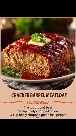 #recipe #foodporn #foodstagram 🍖🍞 Cracker Barrel Meatloaf 🍯🔥 A hearty, homestyle meatloaf glazed with sweet tangy goodness – just like Cracker Barrel! 🏡✨ Ingredients: * 1 ½ lbs ground beef * ½ cup finely chopped onion * ½ cup finely chopped green bell pepper * 1 ½ sleeves Ritz crackers, crushed * 2 large eggs * 1 cup shredded cheddar cheese * ½ cup milk * 1 tsp salt * ½ tsp black pepper * ½ tsp garlic powder * ½ cup ketchup (for the meat mixture) **Glaze:** * ½ cup ketchup * ½ cup brown sug