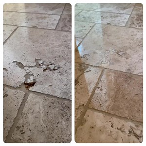No more stubbed toes from this travertine floor! We offer a wide range of services, including: 💥Stone repair, honing, polishing, sealing (Marble, travertine, limestone, Mexican tile, granite, terrazzo, brick, etc. 💥Carpet cleaning, odor removal, scotchgard, etc 💥Tile & Grout cleaning, sealing, color-sealing restoration) 💥Hardwood deep cleaning & sandless refinishing (Includes laminate & engineered wood) 💥 VCT stripping & waxing 💥 LVP (luxury vinyl plank) cleaning 💥Upholstery cleaning 💥Co