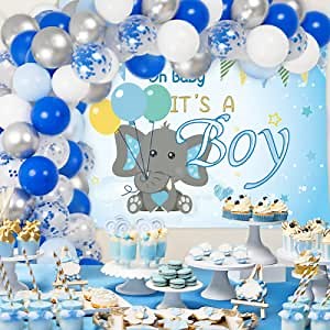 Elephant Theme Baby Shower Decorations Kit for Boy - 66pcs It’s a Boy Banner Backdrop Decorations and Baby Blue White Silver Balloon Arch Garland Kit for Boy Baby Shower Party Decoration Supplies