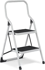MoNiBloom 2 Step Stool, Folding Step Stools for Adults with Wide Anti-Slip Pedals and Handgrip, Portable Iron Step Ladder for Home Office, 330 lbs Capacity