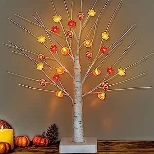 18 Inch Fall Thanksgiving Decorations Lighted Tree with 24 LED Pumpkin Maple Acorn Lights, USB/Battery Operated Fall Tree Lights for Autumn Fall Decorations for Home Party, Thanksgiving Table Decor