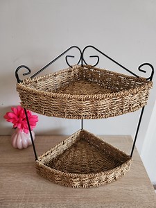 Vintage Two-tier Corner Shelf – Wicker & Iron Storage Rack - Etsy