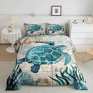 Turtle Bedding Teal Turtle Comforter Set Turquoise Ocean Themed Mediterranean Style Printed Design Ocean Turtle Down Comforter Quilted Duvet Set King Size 1 Comforter 2 Pillowcases (King, Turtle)