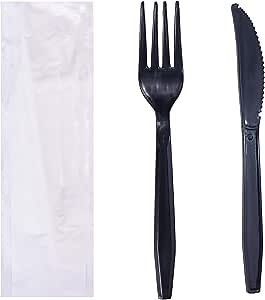 Daxwell Plastic Cutlery Kits, Heavyweight Polypropylene (PP), Fork, Knife Napkin, Black B10004046 (Case of 500)