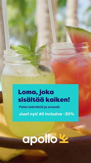 Loma johon sisältyy kaikki ☀ Juuri nyt saat 30% alennuksen All Inclusive lisäpalvelusta valituissa kesän hotelleissa. | Apollomatkat