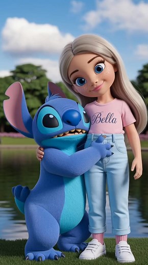 A 3D render of a 10-year-old girl cuddling Disney's Stitch. She is white, has long, light blonde hair parted in the middle, large, almond-shaped light blue eyes, a small, delicate nose, pink lipstick and glittery gourd lips, and is wearing a T-shirt with the word "Bella" written in elegant script, light blue jeans, baby pink socks, and white sneakers. Stitch is furry and fuzzy, very cute. She and Stitch are standing, cuddling each other affectionately. The setting is an open park, with a green l