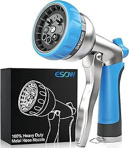 ESOW Garden Hose Nozzle Heavy Duty, 8 Adjustable Patterns Metal Water Hose Nozzle, High Pressure Hand Sprayer with Flow Control, Best for Watering Plant & Lawn, Pets Shower, Car Washing, Sky Blue