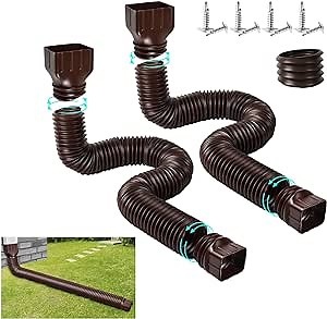 2 Pack Rain Gutter Downspout Extension Flexible, Downspout Drain Extender Diverter, Drain Pipe Connector Extendable from 20"-60", Gutter Connector Rainwater Drainage with Screws… (Brown)