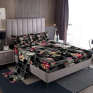 Flowers Sheet Set Boho Floral Sheets for Kids Girls,Watercolor Rose Bed Sheets Set Tree Branches Botanical Leaf Top Sheet Full,Jungle Plant Leaves Rural Pastoral Style Bohemian Decor Black