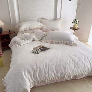 VM VOUGEMARKET Ruffle Duvet Cover Set Twin,Vintage Garden Floral Duvet Cover with 2 Pillow Shams,Double-Layer Gauze Cotton Bedding Set,Comfy,Breathable & Lightweight for Girls-68 x86