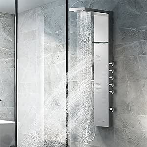 Vantory 53'' Shower Panel Tower System with Rainfall Shower Head SUS 304 Stainless Steel Multi-Function Massage Systerm With 4 Body Jets Waterfall Tub Spout,Brushed Nickle