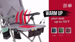 POP Design Hot Seat USB Heated Folding Camping Chair, Portable Reclining Padded Outdoor Chair w/Cup Holder, Storage Pockets, Waterproof 600D Polyester, 300 lb Capacity (Battery Not Included), 1-Pack
