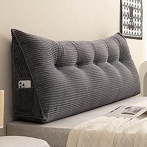 Twin Wedge Pillow Headboard College Dorm Bed Pillow Backrest Triangular Headboard Pillows with Side Pocket Dorm Backrest Cushion, Dark Grey