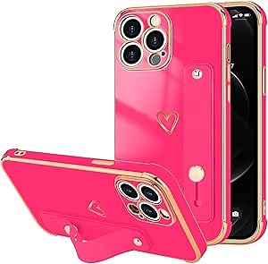 for iPhone 12 Pro Max Case for Women Girls, Bling Luxury Plated Bumper with Love-Heart Design, Adjustable Hand Strap Stand, Soft Shockproof Protection for iPhone 12 Pro Max - Hot Pink