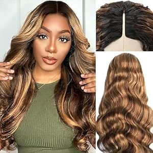 SUPERNOVA 4/27 Highlight V Part Wigs Human Hair Upgrade of U Part Human Hair Wigs For Black Women Blonde Highlight Body Wave Wig Human Hair Minimal Leave Out No Sew In Colored Wig Hair (18 inches)
