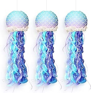 NICROLANDEE Birthday Party Decorations - 3Pcs Purple Blue Mermaid Hanging Paper Lanterns DIY Glitter Tassel Kit for Mermaid Baby Shower, Wedding, Under The Sea Party, Jellyfish Decorations