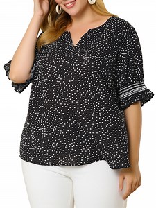 Unique Bargains Women's Plus Size Summer Outfits Pin Dots Floral Fashion Blouses