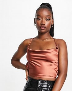 Missguided satin cami top and skirt co-ord in chocolate | ASOS