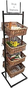 FixtureDisplays® 4 Tier Basket Stand Wicker Basket Bakery Rack Produce Stand Food Rack Fruit, Wicker - Black 120005-NPF