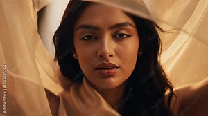 Cinematic slow motion portrait of a gorgeous woman featuring flawless porcelain white skin, elegant facial features, and serene expression captured in stunning high resolution detail.