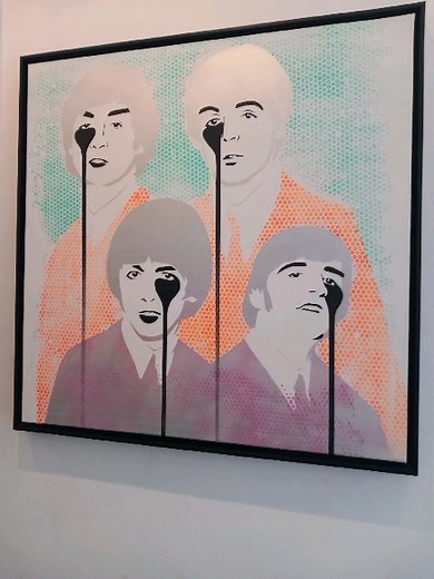 Fab Four canvas Vampire Beatles in tray frame at Pure Evil Gallery, London. #Ringo #rubbersoul #yokoono #streetart #Liverpool #spraypaint #lindaeastman #johnlennon | Pure Evil Gallery