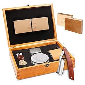Complete Straight Razor Kit - Straight Razor Shaving Kit for Men with Japanese Stainless Steel Blade, Leather Strop, Shave Soap, Shaving Brush, Strop Paste, Leather Case, Gift Box, Mahogany