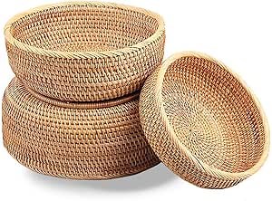 Wicker Basket Bowls Handmade Rattan Baskets for Storage Display Gifts, Bread Baskets for Serving, Fruit Holder Food Tray(Set of 3-Size)