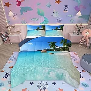 Ocean Comforter Set Palm Leaves Printd Down Comforter, Summer Beach Decor Hawaiian Vacation Style Quilted Duvet Green Palm Trees Tropical Nature Sea Theme Home Decor Bedding Comforters, Queen Size