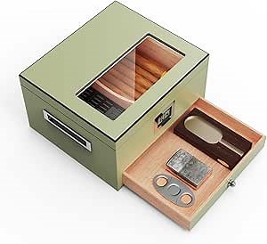 Handcrafted Cigar Humidor with Humidifiers,Divider,Digital Hygrometer and Drawers,Storage 30-70 Counts,Glass Top Wooden Case for Table and Counter,Gifts for Men,Father and Husband,Army Green
