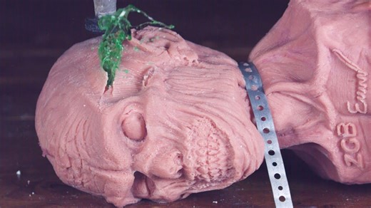 Anatomically correct head cut in half with 60,000 PSI waterjet slow motion - Zombie Go Boom head