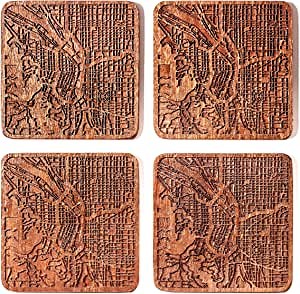 Portland Map Coaster by O3 Design Studio, Set Of 4, Sapele Wooden Coaster With City Map, Handmade