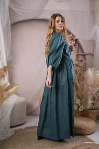 Emerald Linen Dress, Puff Sleeve Long Caftan , Handmade Clothing - Etsy