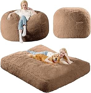 Large Bean Bag Chair Stuffed with Foam, Big Bean Bag Convertible Chair Beds, Beans Bags Chair, Giant Bean Bag Chairs for Adults Kids Teens, Queen, Khaki