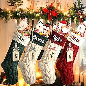 Christmas Stocking Personalized, Custom Embroidered Name Christmas Stocking for Kids, Christmas Stocking Name Tags,18 Inches Large Knitted Hanging Family Xmas Stocking (1 Pc)