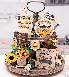 Farmhouse Sunflower Decorations - Rustic Sunflower Tiered Tray Decor - Spring Summer Fall Wooden Signs for Home Kitchen Bathroom Table Bedroom Room Indoor (Tray Not Included)