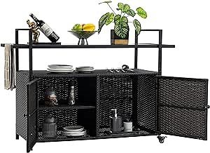 Wicker Outdoor Bar Cart,Outdoor Serving Cart with Glass Top and Wheels,Patio Serving Counter Table with Storage Drawer for Patio Kitchen,Pool, Party, Backyard, Porch Black
