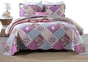 Qucover Queen Quilts Set Purple Brown Quilts Clearance, 3-Piece Soft Microfiber Flower and Tree Pattern Bedspreads for Queen Beds, Decorative Xmas Quilts Comforters with Pillow Shams, 90x98 Inch