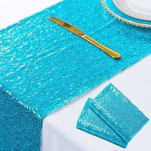 ShinyBeauty Turquoise Table Runners - Pack of 2 Sequin 12inx108in Aqua Blue Bridal Shower Decorations Wedding Reception Round Table Runners for Dining Room