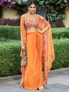 Buy AHIKA Embroidered Shoulder Straps Crop Top & Palazzos With Shrug -  - Apparel for Women