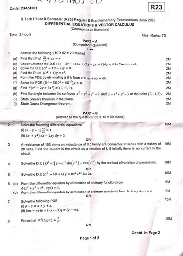 Devc #questionpaper#1-2 sem#r23 #regular& supply#JNTUA #2024#differentialequation&vectorcalculus#ece