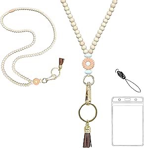 Wooden Beaded Lanyard with ID Holder, Teacher Lanyard, Cute (A)