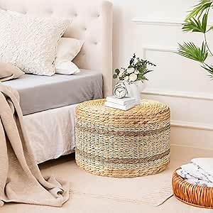 PrimeZone 18" x 18" x 12" Rattan Ottoman - Natural Seagrass Boho Foot Rest, Hand Woven Indoor Outdoor Stool Chair Round Pouf for Living Room, Bedroom, Patio, Stripe