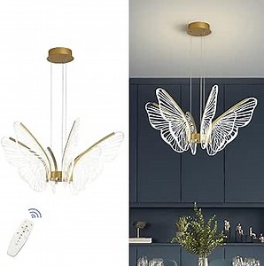 LED Butterfly Chandelier, 6 Lights Modern Dimmable Glass Pendant Light with Remote Control, Hanging Light for Dining Room Bedroom