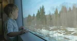 Boy looking at nature scene through the train window