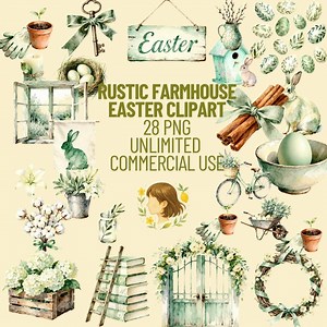 Rustic Sage & Cream Easter Clipart PNG Bundle - Farmhouse Watercolor Rabbit, Neutral Spring Botanical Elements, Vintage Easter Decor - Etsy UK