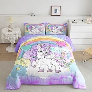 Amazon.com: Feelyou Pretty Unicorn Girls Bedding Set,Twin Cute Rainbow Unicorn Comforter Set with Cartoon Quilt Comforter, 2 Pillowcases : Home & Kitchen