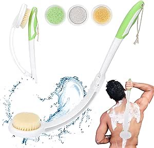 19" Foldable Extra Long Handle Curved Body Scrub Bath Brush, 3 in 1 Back Shower Brush Scrubber Set for Cleaning, with Sponge Pumice Head, Suitable for Elderly Seniors aid Men and Women