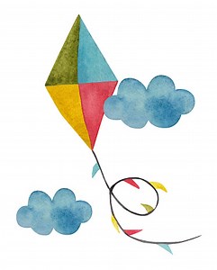 Drachen steigen lassen zwischen den Wolken. Handgezeichnete...