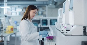 Portrait of an Asian Female Scientist in White Lab Coat Handling Multiple Test Tubes in a Modern Laboratory. Researcher Conducts Precise Experiments with the Help of Biomedical Research Techniques Stock Video
